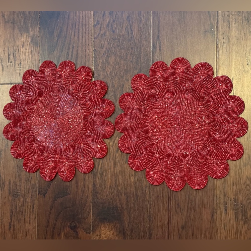 Pair of Bella Luxe Red Iridescent Glass Beaded Scalloped Placemats